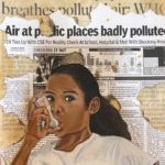 Girl taking inhaler with pollution newsprint as the background