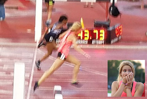 Beth Barnes at the finish line of the state hurdles meet