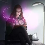 Girl sitting by light with neon accents