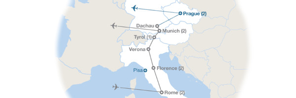 Globe showing stops on tour