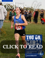 Trojan Tribune Logo directing you to click on the photo to view the magazine as a flipbook